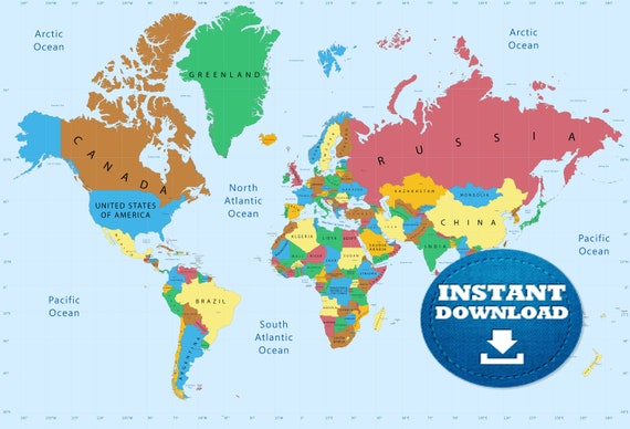 Digital Colorful World Map Printable Download. Weltkarte. Colorful