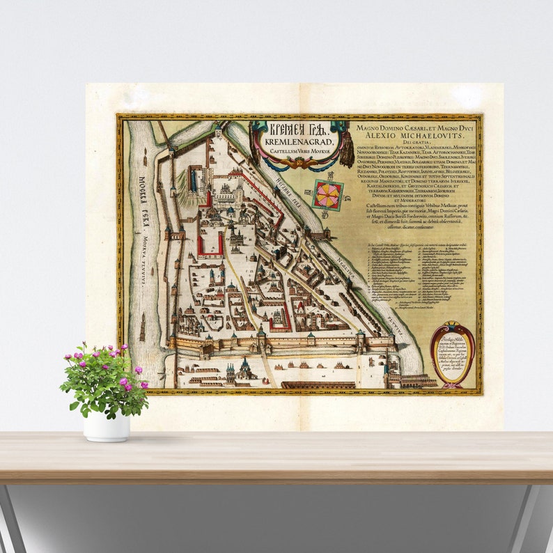 May include: An antique map of the Kremlin in Moscow, Russia, with the title "Kremlin I.e.a. Kremlenagrad, Capitellum Moscua" and the text "Magno Domino Casarilet Magno Dvet Alexio Michaelovitis. Digrafia." The map is in a vintage style with a brown and beige color scheme.