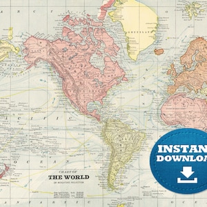 Descarga imprimible del mapa del mundo vintage digital. Mapa del mundo antiguo. Póster de mapamundi de colores rojos. Mapa del mundo pastel