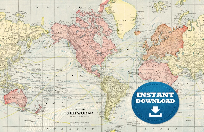 Digital Vintage World Map Printable Download. Antique World Map. Red ...