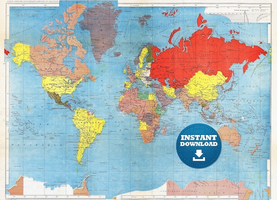 Digital Colorful World Map Printable Download. Weltkarte. Colorful