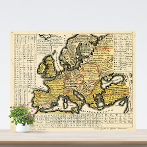 Catholic 1741  Language Map of Europe on Paper, Europa Polyglotta, Multilingual Golden Color Europe Map, Vintage Text Map, Yellow Map Art