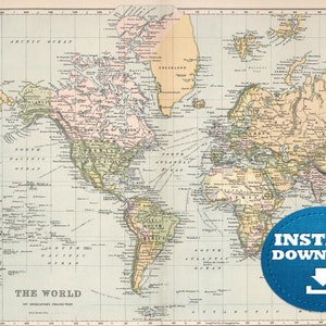 Digital Vintage World Map Printable Download, Antique World Map, Pastel Boho World Map, Soft Colors World Map, Poster World Map, The World.