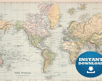 Digital Vintage World Map Printable Download, Antique World Map, Pastel Boho World Map, Soft Colors World Map, Poster World Map, The World.