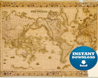 1864年ヴィンテージ世界地図：ブロンズアンティークスタイル（デジタル