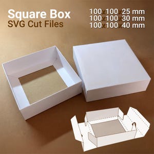 May include: A white square box with a separate lid, accompanied by a flat template diagram. Text reads: Square Box SVG Cut Files, 100x100x25 mm, 100x100x30 mm, 100x100x40 mm. The box is shown both assembled and as a flat die-cut pattern for assembly.