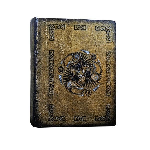 Golden Celtic Cat Triskelion Book Box, tool box, gift box, cardboard book-shaped box