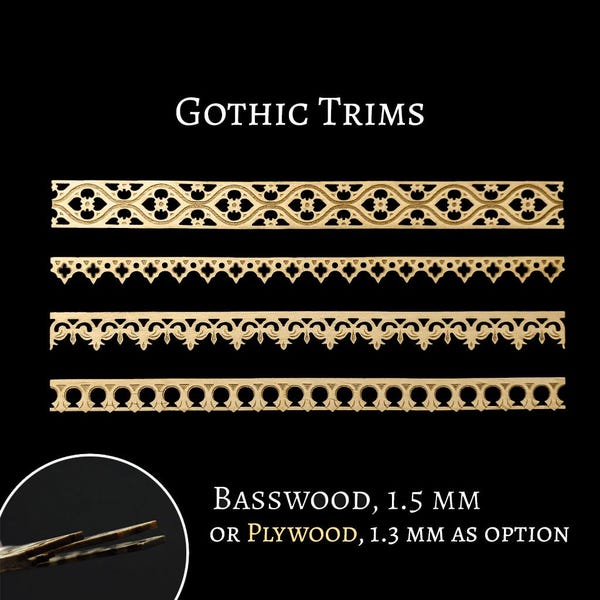 Gothic Dollhouse Miniature Wood Trim, Medieval Decorative Molding, Unfinished Linden Basswood, Miniature Furniture Decor