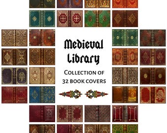 32 middeleeuwse miniatuurboekomslagen – afdrukbaar A4, poppenhuis, miniboeken, rommeldagboek, scrapbooking