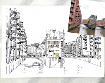 Custom Line Art Drawing: House, Cityscape, or Object - A4 Ink Sketch