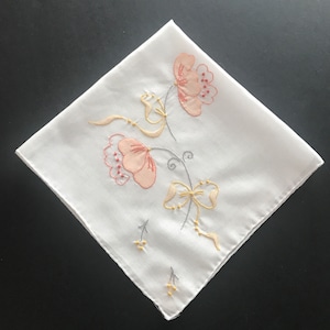 Vintage Hand Embroidered And Appliqué Handkerchief With Peach Flowers