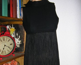 SALE   Vintage 60s, black crepe, cocktail dress, with long fringe, empire waist, size small, size medium, MINT, by Pixie