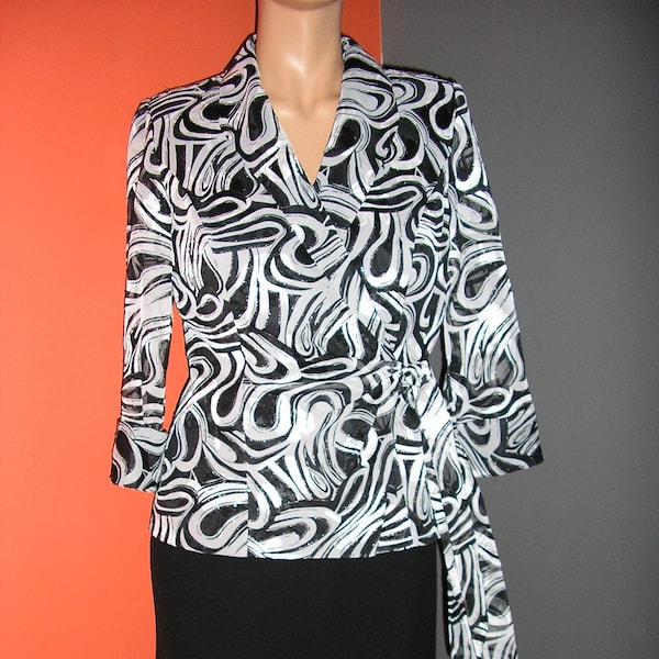 Vintage 90s, Alex Evenings geometric, black, gray, white, evening jacket, blouse, wrap front, sheer sleeve, size small