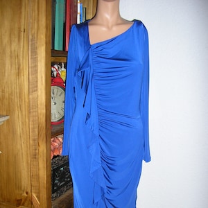 Vintage 90s, Simon Chang, royal blue sheath dress, ruffle front, pullover style, size 12, Made in Canada