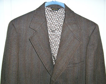 Vintage 70s, brown wool tweed striped jacket blazer, big lapels, three button, double back vent, size 42, by Harridge Row, MINT