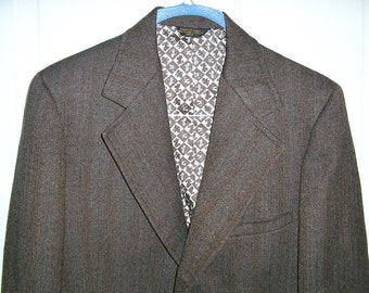 Vintage 70s, brown wool tweed striped jacket blazer, wide lapels, three button, double back vent, size 42, by Harridge Row, MINT