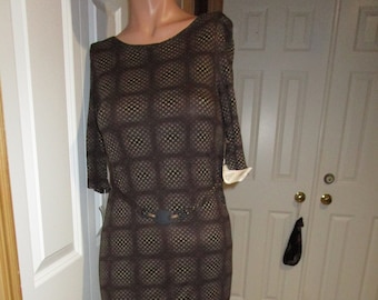 Vintage 90s, Carole Little, NWT, brown print, body con, size 4, dress, belted, short sleeves, vintage Carole Little dress