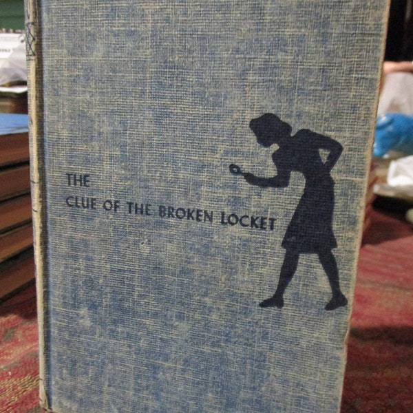 Vintage 50s, Nancy Drew, Clue of the Broken Locket, blue tweed, multi-image endpapers
