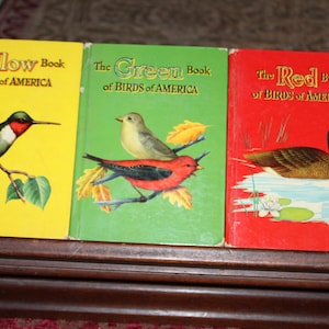 Vintage, 1954, set of three Birds of America books, small illustrated bird references, home school, red, green and yellow books