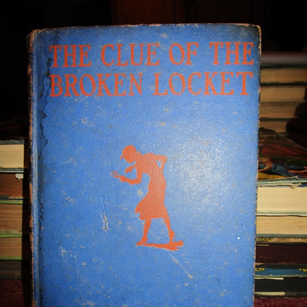 Antique, 40s, Nancy Drew, Clue of the Broken Locket, orange spyglass, orange endpapers, war time edition