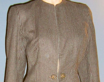 Vintage 50s, wool, Victorian design, jacket, striped brown and teal, Made in England, size small, size medium, MINT