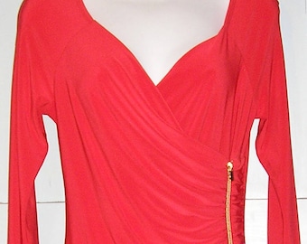 Vintage 90s, Joseph Ribkoff, red, cocktail dress, draped, plunge front, size 8, Made in Canada