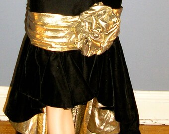 Vintage 80s, Lilli Rubin, black velvet, gold lame, showstopper, formal, gown,  hi low, off shoulder, bombshell,  size 8