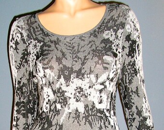 Vintage 80s, M Rena, print, knit sweater dress, black and gray, size Large, MINT