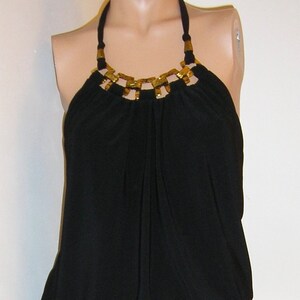 90’s Black Metallic Print Beaded Fringe Halter Dress by Cache