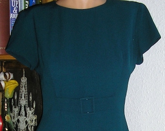 Vintage 80s, Barami, teal belted dress, cap sleeves, size 2, USA