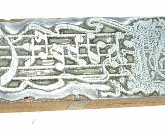 Antique, wood block, printing block,  musical, stamp, 3 1/4", treble clef, notes on a staff