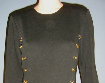 Vintage 80s Adrienne Vittadini black cotton knit dress size 12 made in Hong Kong MINT gold attached hoops