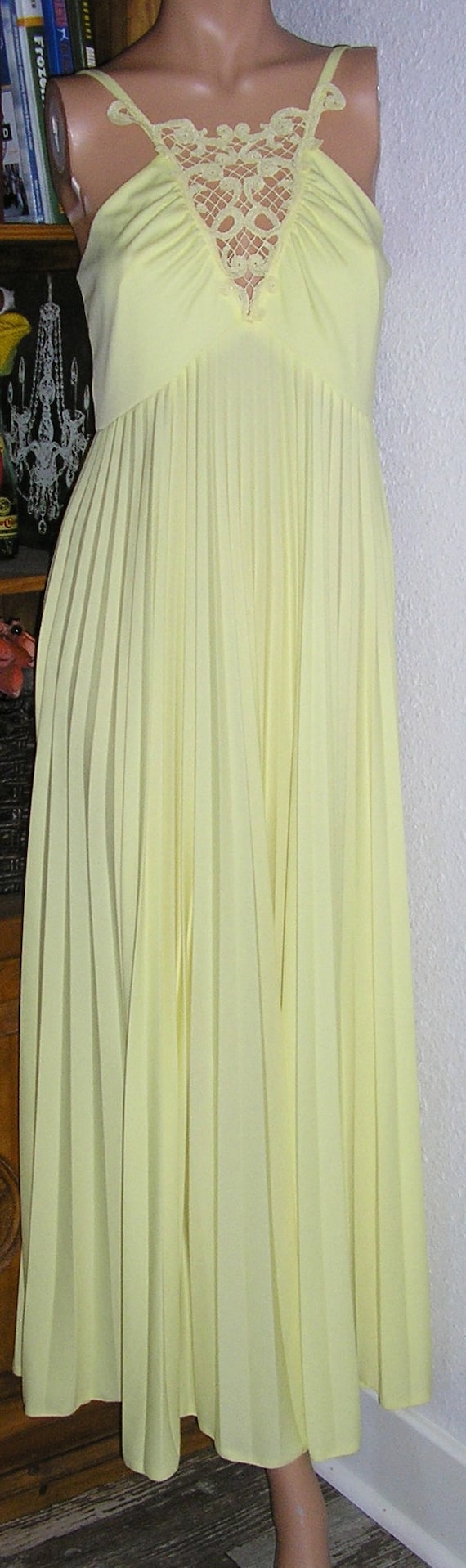 SALE  Vintage 70s, yellow pleated maxi dress, gown