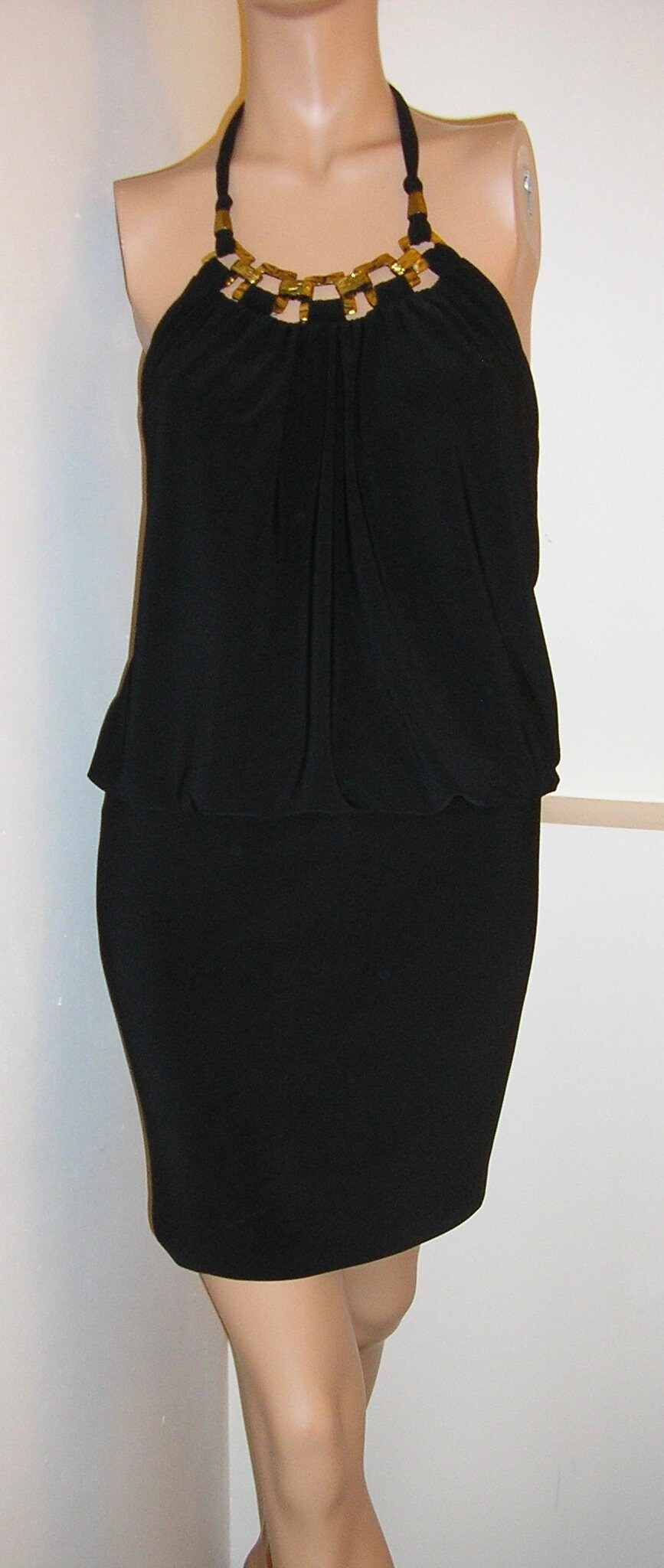90’s Black Metallic Print Beaded Fringe Halter Dress by Cache main image 0