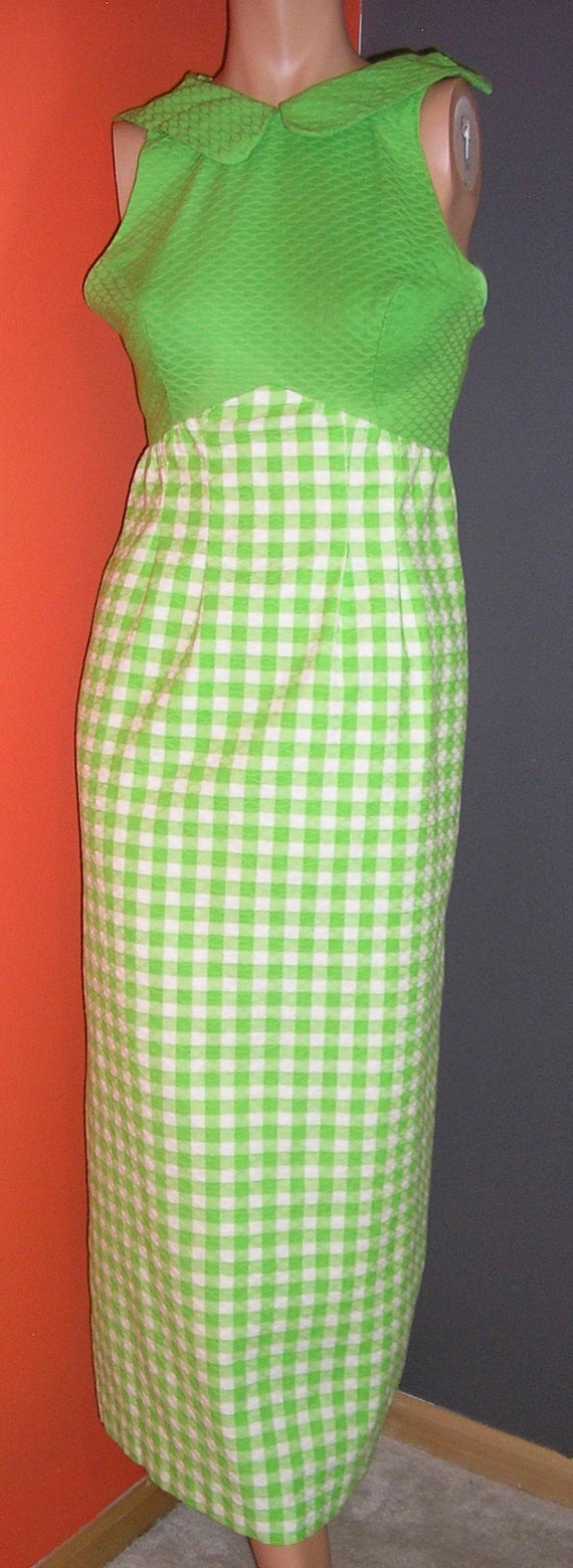 Vintage 70s, green gingham, halter, maxi dress, cotton, small, extra small, Alamor New York