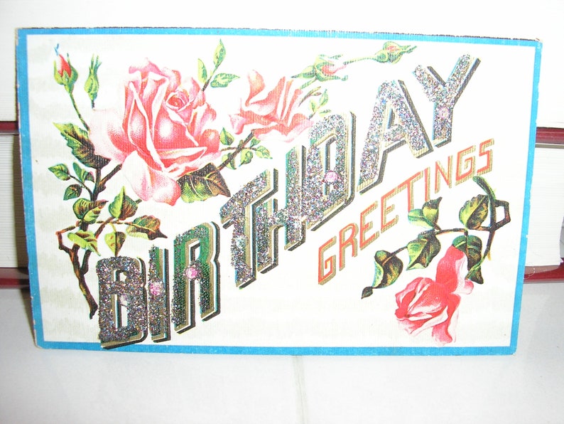 Birthday postcard made in Germany Antique 1900s blue glitter embossed