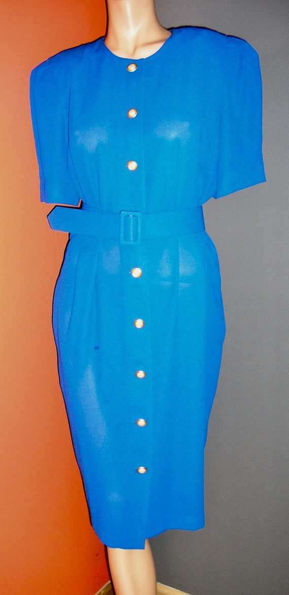 Vintage 90s, electric blue, belted, shirt dress, s