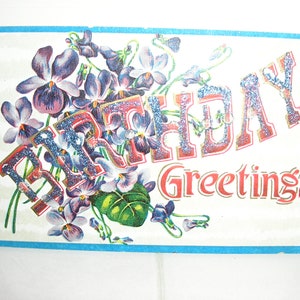 Antique postcard, Birthday, 1900s, violets, blue glitter, embossed, made in Germany, Birthday Greetings