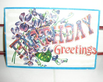 Antique postcard, Birthday, 1900s, violets, blue glitter, embossed, made in Germany, Birthday Greetings
