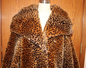 vintage, col châle, léopard, fausse fourrure, manteau évasé, taille moyenne à grande, Monterey