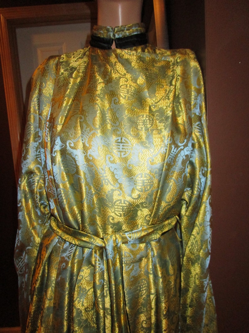 robe Dynasty teal 16 silk kimono made in Hong Kong silk kimono Vintage 60s silk robe gold