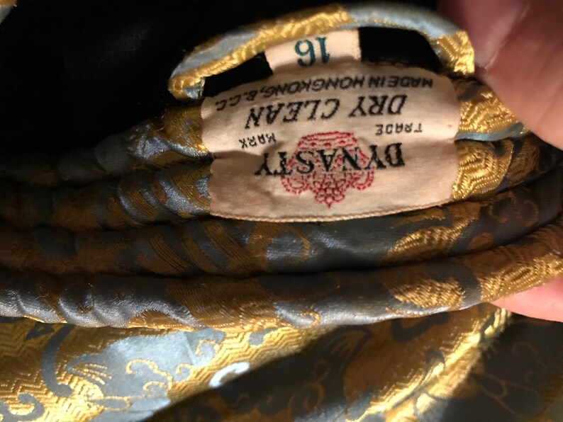 robe Dynasty teal 16 silk kimono made in Hong Kong silk kimono Vintage 60s silk robe gold