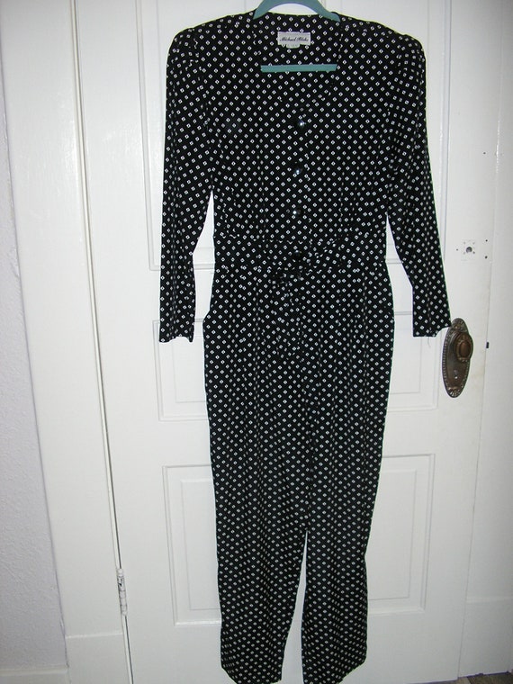 Vintage 80s, black and cream, jumpsuit, smocking, 