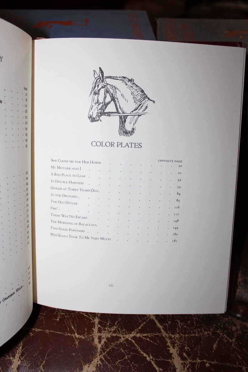 K&ouml;nnte beinhalten: Ge&ouml;ffnete Buchseite mit einer detaillierten Federzeichnung eines Pferdekopfes. Der Titel "COLOR PLATES" steht &uuml;ber einer Liste von Kapiteltiteln und Seitenzahlen.