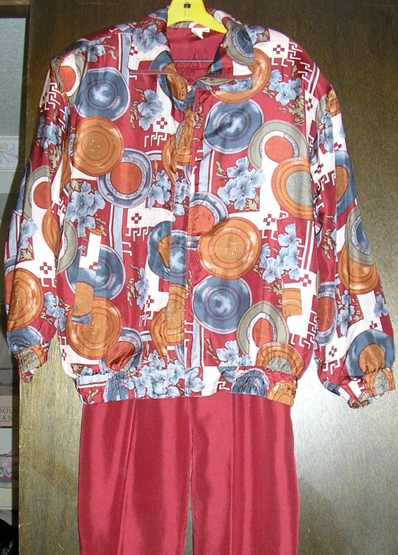 Vintage 80s, coAco, geometric, silk bomber jacket and pants, medium, MINT