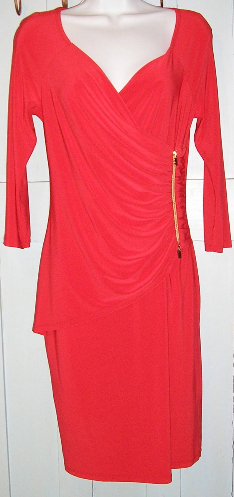 cocktail dress Joseph Ribkoff plunge front red size 8 Vintage 90s draped Made in Canada