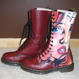 SALE Very rare, Doc Marten comic girl, Warhol style, ala Lichtenstein, red boots, UK 7, US L9, made in England, vintage Doc Martens