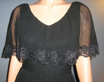 Vintage 70s, cocktail dress, Miss Elliette California, pleated tiers, lace trim, size 10, sheer, MINT