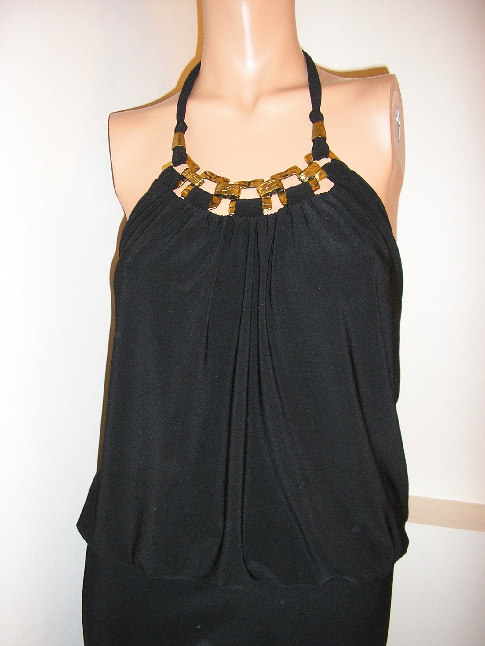 90’s Black Metallic Print Beaded Fringe Halter Dress by Cache main image 1