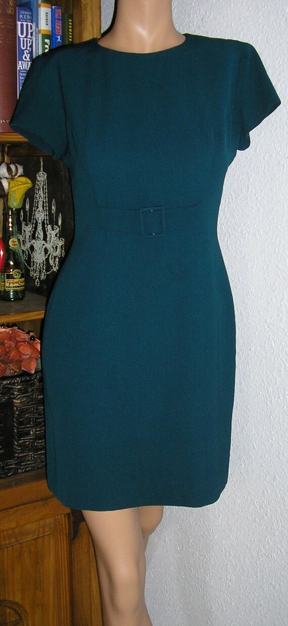 Vintage 80s, Barami, teal belted dress, cap sleeves, size 2, USA